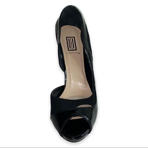 SS Signature by Sangria Black Faux Patent Leather Faux Suede Peep Toe Stilettos - Picture 6 of 14